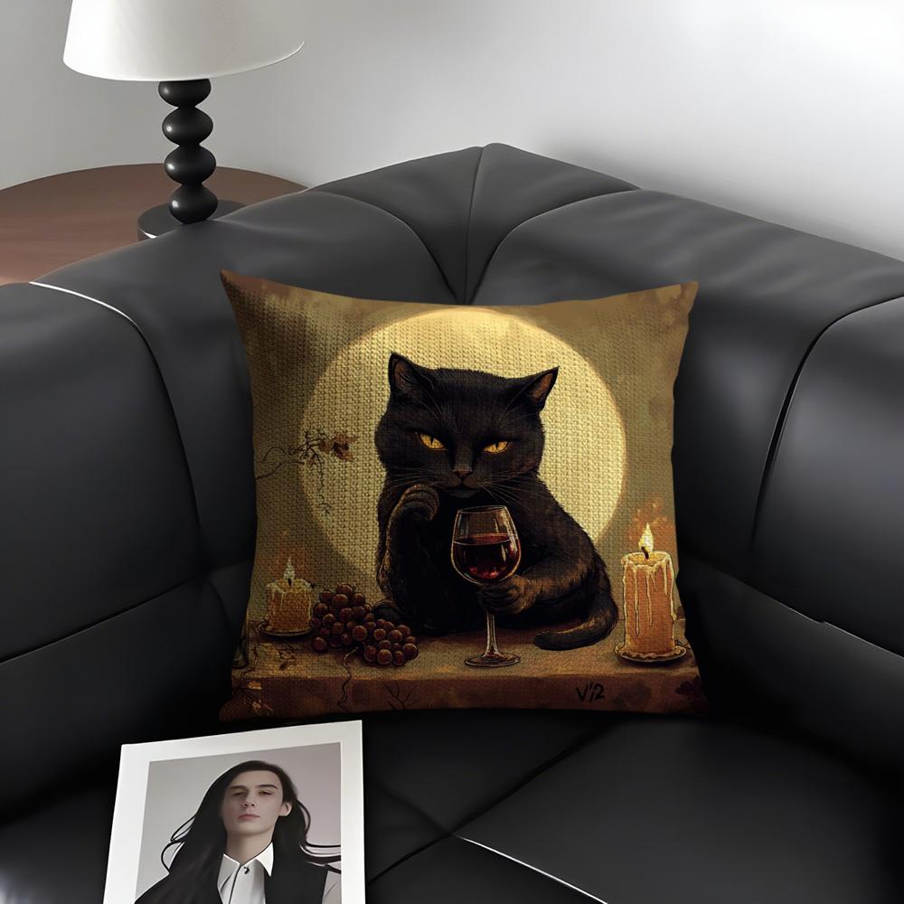 Black Cat Cushion Cover Natural Linen Organic Fabric DoubleSided Printing Sofa Home Decor Gift Pillow Case