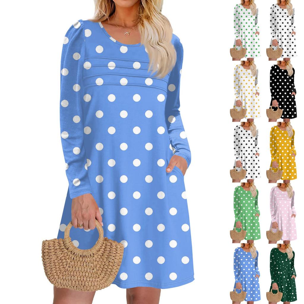 Women's Long Sleeve Dress Fall Casual T Shirt Loose Fit Pleated Front Dresses With Pockets
