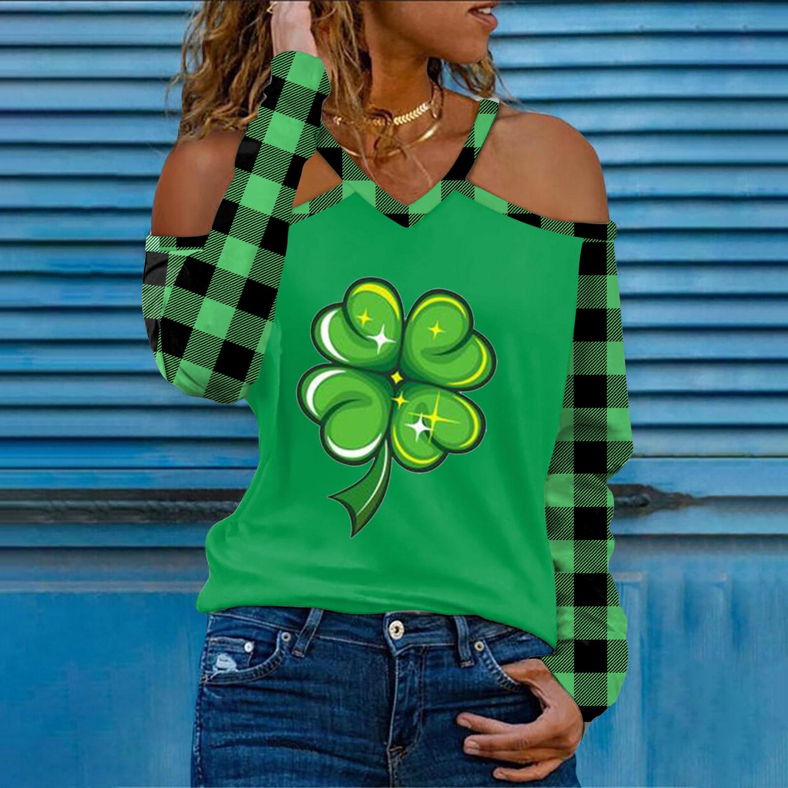 Women s Fashion Casual V-neck St. Patrick s Day Print Long-sleeved Off-the-shoulder T-shirt Top L хаки