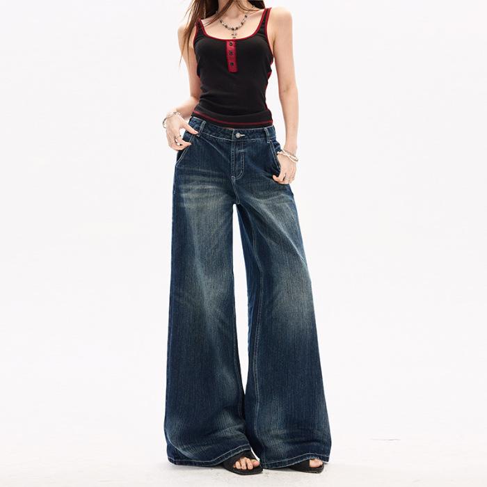 Women s Retro Tie-Dye Wide-Leg Denim Jeans with Dark Blue Bamboo Texture M