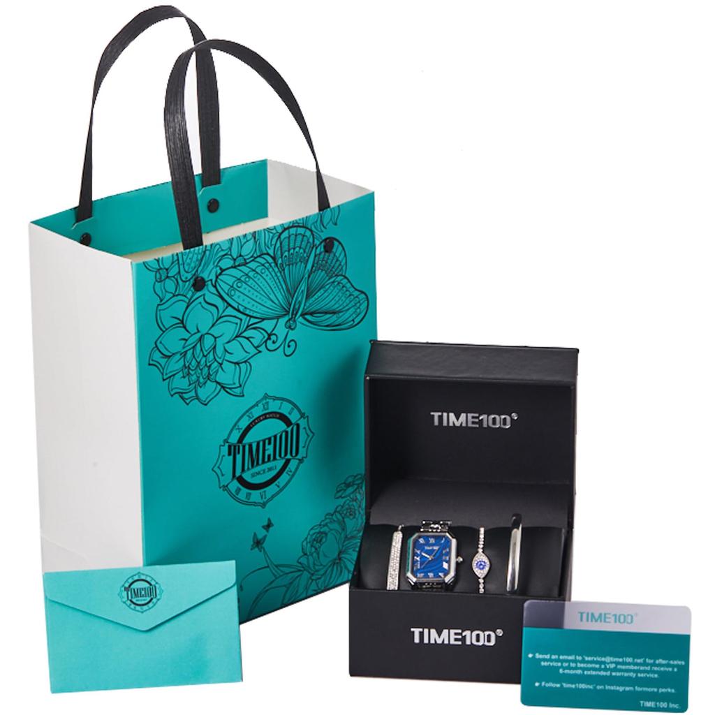 Ceas de argint Cuarț japonez Set cadou Ceas elegant din oțel inoxidabil 3 Brățări Ambalaj cadou [TIME100] Damă (Culoare argintie)