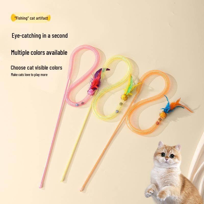 Elastic Feather Snake Teaser Wand with Mesh, Pom-pom, and Bell - Interactive Cat Toy