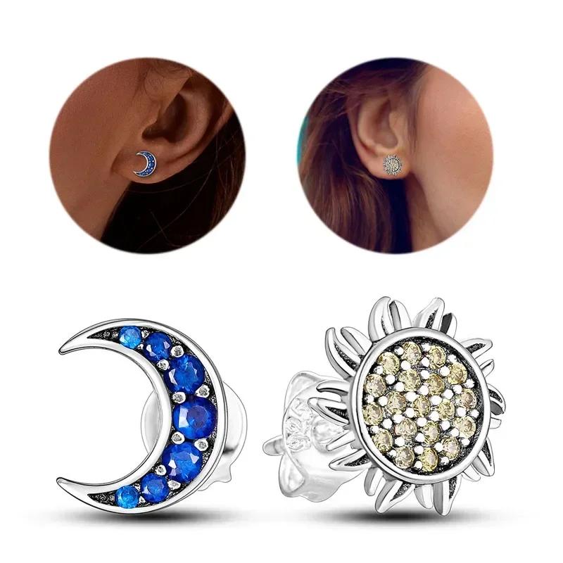 925 Silver Love Feather Moon Star Heart Earrings Fit Original Charms Hoop for Women Girls Stud Earring Jewelry Gifts