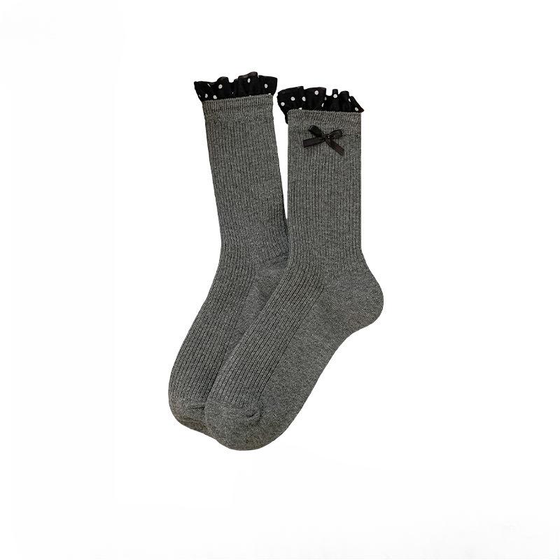 

Женские весенне-осенние носки с бантом, волнистые, в горошек, кружевные, бочкообразные, махровые 1 pair темно-серого