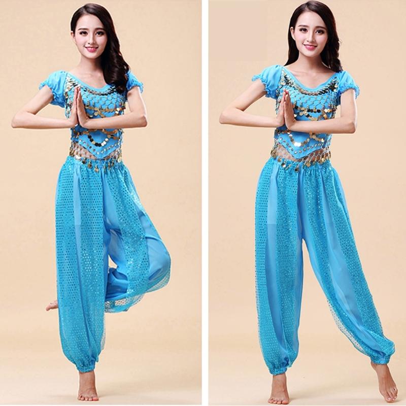 2Pieces Belly Dance Costume Set Coins Top Lantern Pants Set Halloween Costume Belly Dance Outfits for Dress Up Party