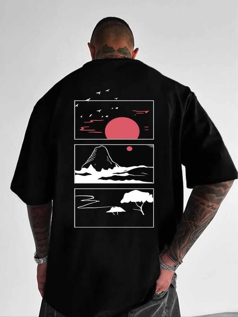 Men's Tropical Sunset Print Casual Short Sleeve T-Shirt - Regular Fit Summer Tee with Mount Fuj
