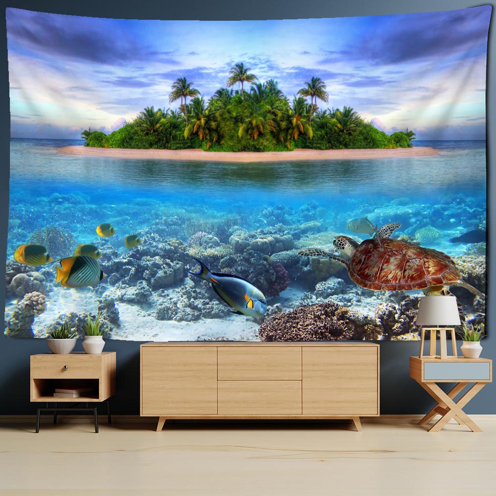 Island Landscape Painting Tapestry Wall Hanging Turtle Fish Aesthetic Room Bohemian Nature Art Mystery Home Decor