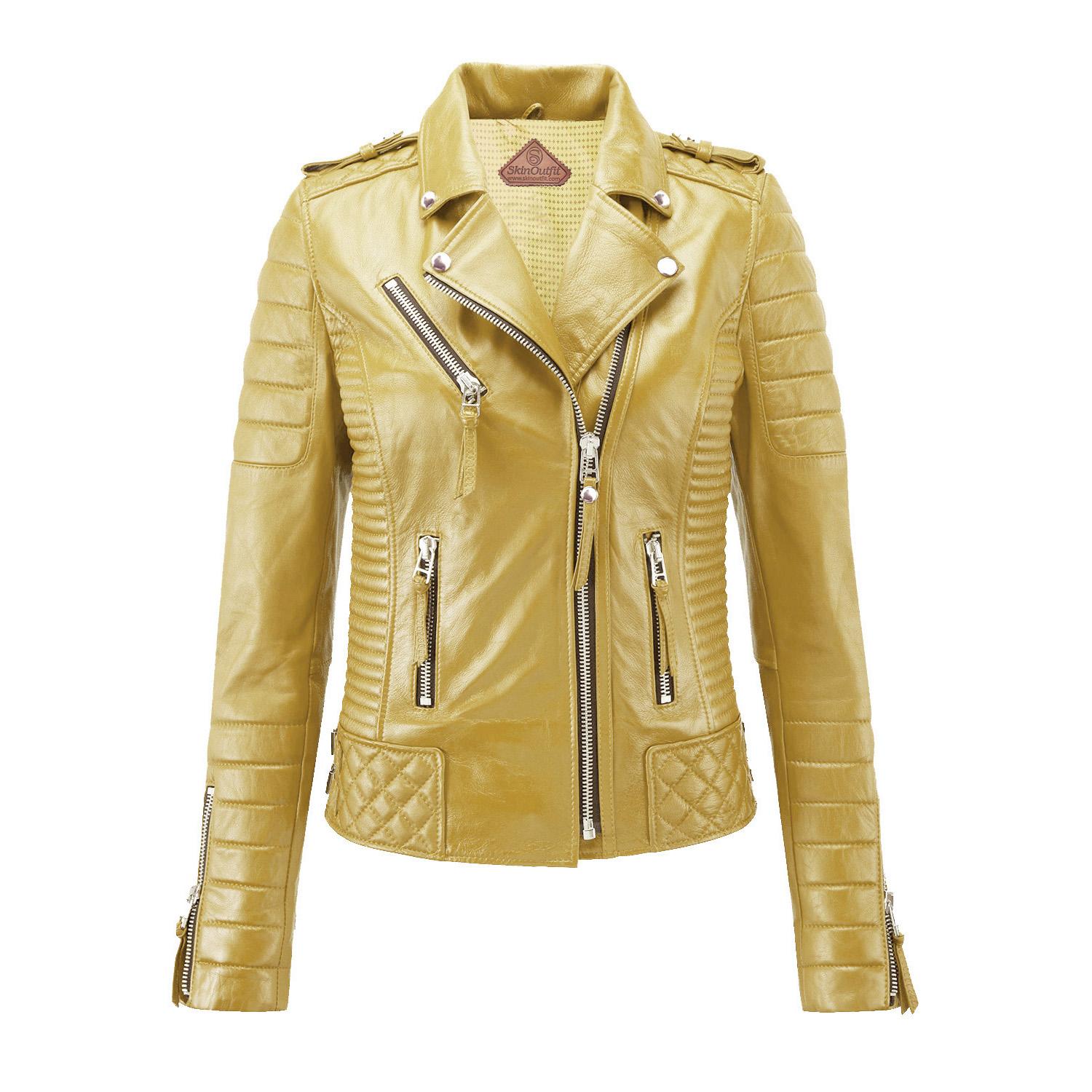 

SKINOUTFIT Women s Motorcycle Leather Jacket Genuine Yellow Lambskin Cafe Racer Biker Outerwear XL жовтий