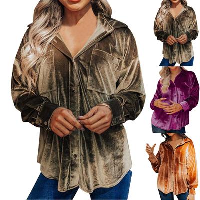 Moda de Mujer Suelta Terciopelo Dorado Color Sólido Manga Larga Camisa Casual Top