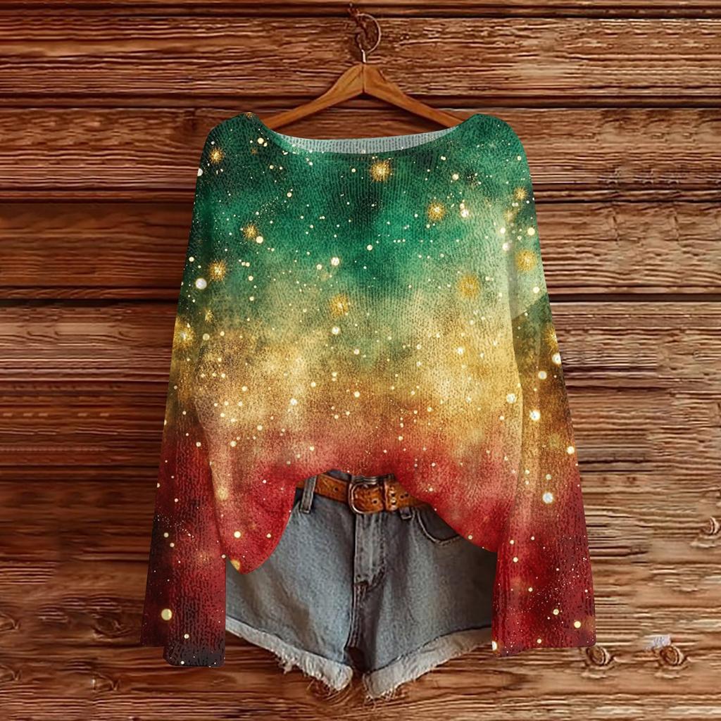 Women's Fashion Round Neck Long Sleeve Christmas Print Casual Pullover Sweater Top