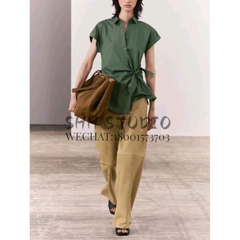 Spring New Temperament Work Clothing Lapel Short Sleeve Poplin Shoelace Shirt 4043050 9479048 3360