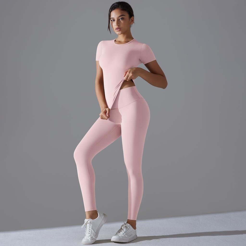 Nessaj Short Sleeveless Women Workout Colthes Solid Colour Fitness Top High Waist Leggings Sportswear