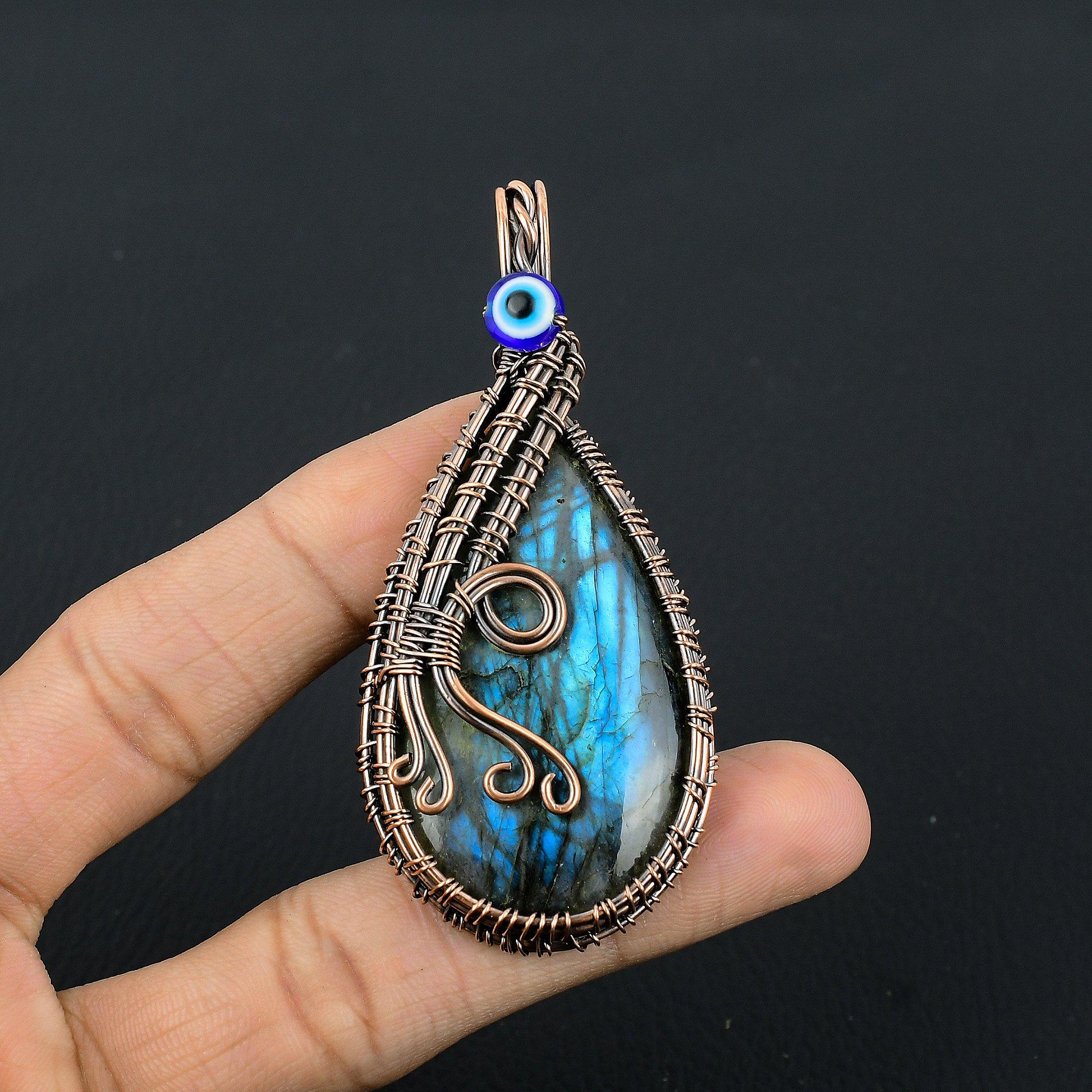 

Labradorite Pendant, Handmade Gemstone 999 Copper Wire Wrapped Evil Eye Pendant Antique Jewelry, For Gift Silver Jewelry 2.55 Inches