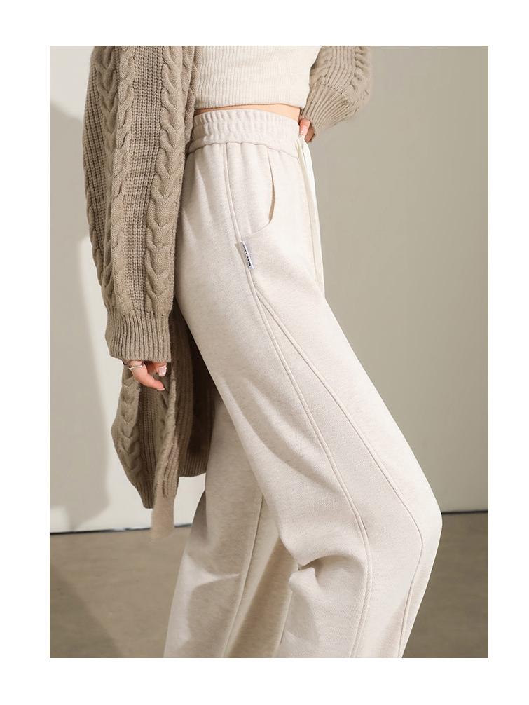 Oatmeal Herringbone Fleece Wide-Leg Pants for Women - Autumn/Winter Slim Fit