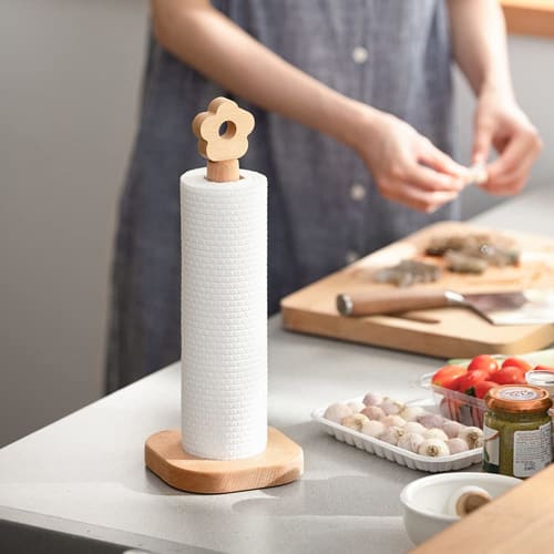 AIDUCHO Wooden Kitchen Paper Holder, Paper Towel Holder, Roll Holder, Freestanding Kitchen Utensil Storage Item, One-Hand Tear (Wood Color, Flower Pat