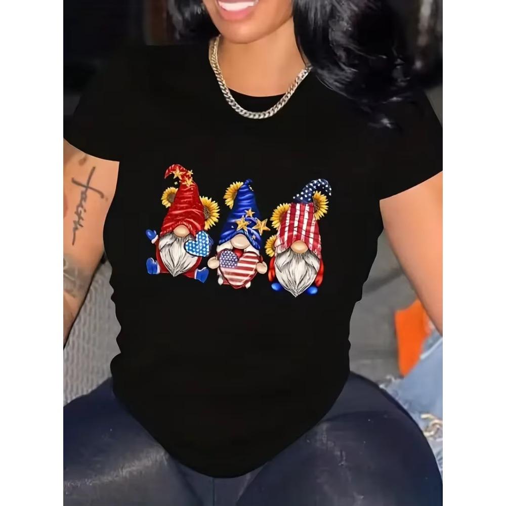 Plus Size Independence Day Casual T-shirt Women's Plus Flag Gnome Print Short Sleeve Round Neck Slight Stretch Top