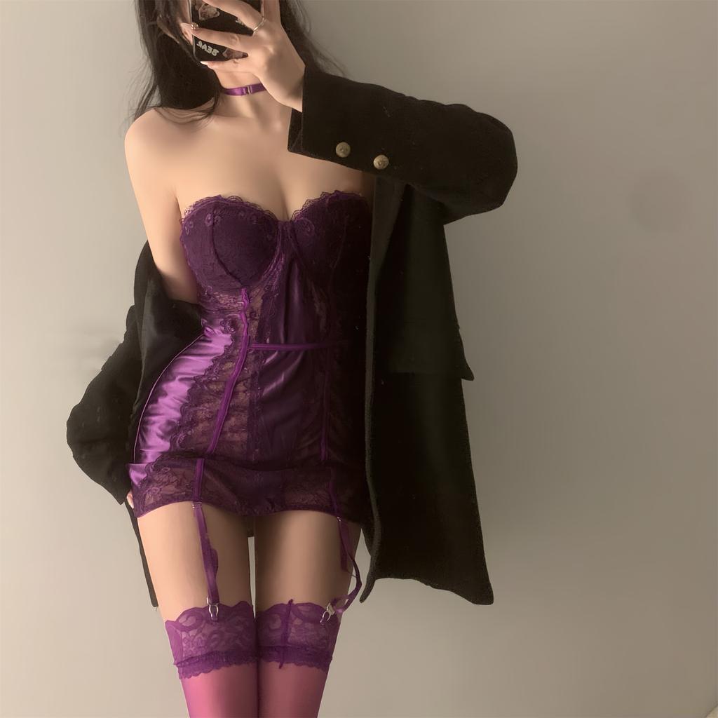 Sexy lace satin purple hip skirt women gather small breasts sex interest without uniform