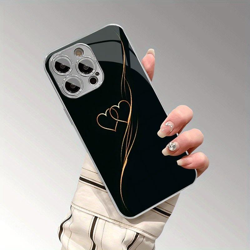 Golden Line Heart Design Pattern Tempered Glass Electroplated Phone Case For Samsung Galaxy S25 S24 S23 Ultra Plus FE Cover