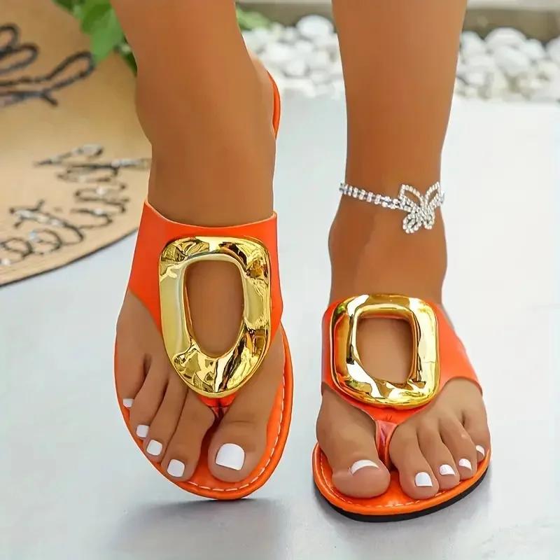 Fashion 2025 Summer New Women Slippers Fashion Luxury Slippers Fashion Outdoor Flat Shoes Women Beach Metal Sandals Female Slides Women