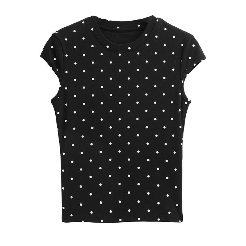 Black polka dot design front shoulder short-sleeved T-shirt women's spring and summer thin round neck slim-fitting and thin bottoming shirt