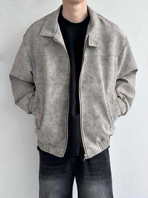 Men's Trendy American Style Leather Bomber Jacket - Loose Fit, Lapel Short Motorcycle Design for Autumn