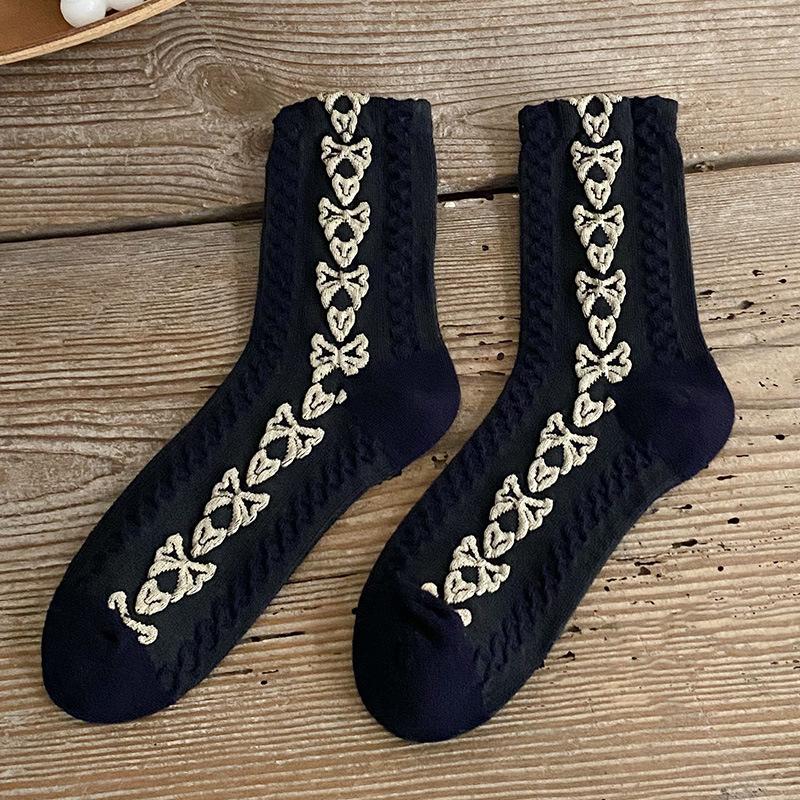 

3pairs Autumn/winter Vintage Preppy Girl Mid-tube Socks Korean Sweet Girl Flower Socks One Size