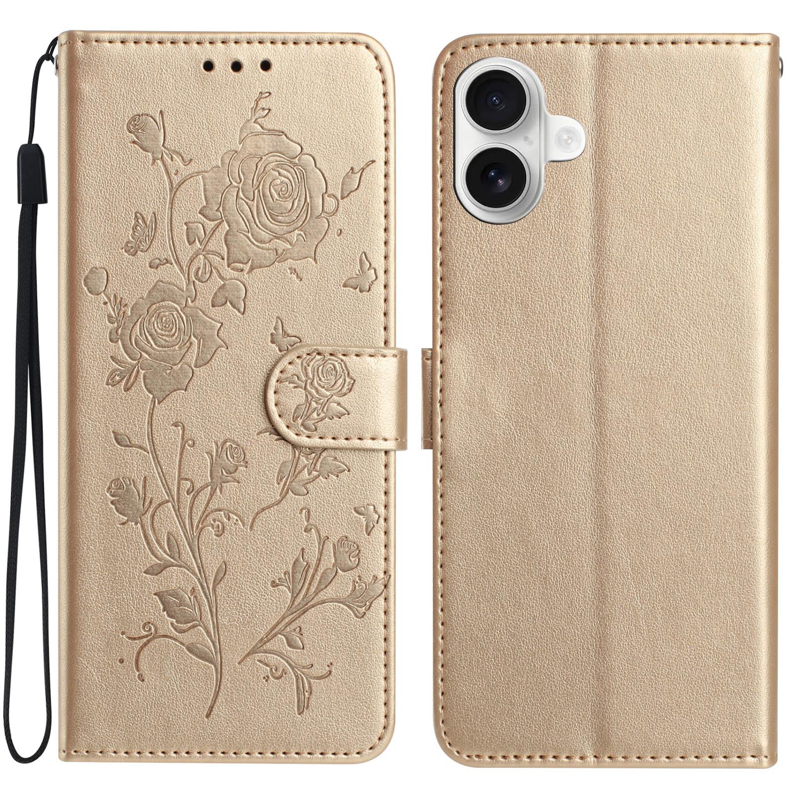 

For iPhone 17 Wallet Case Rose Pattern Imprinted Leather Flip Stand Phone Cover with Strap Gold