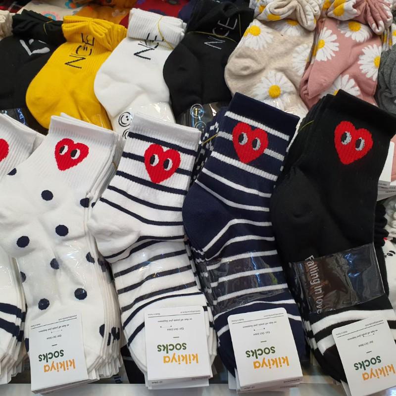 Japanese & Korean Style Heart and Polka Dot Mid-Calf Socks for Women - White, Stripe Design, Year-Round Wear White Stripes
