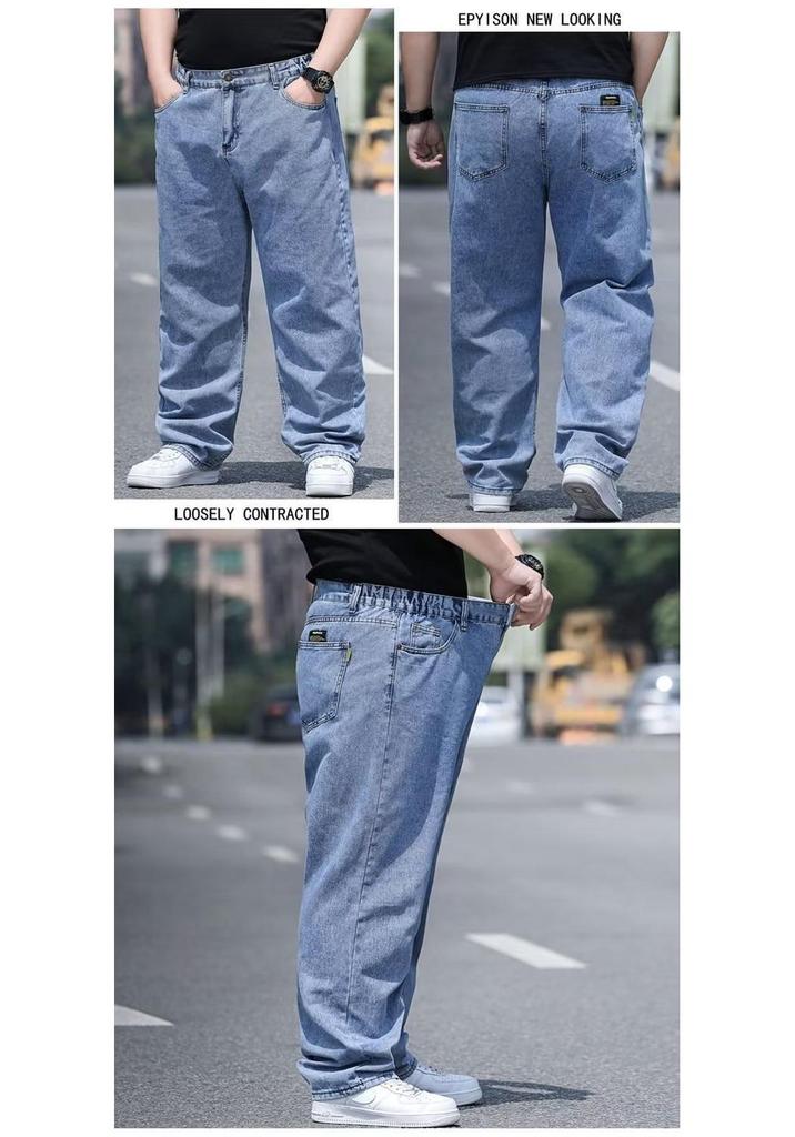 Plus Size Men's Loose Straight Casual Jeans - Deep Crotch, Wear-Resistant, Black Cotton