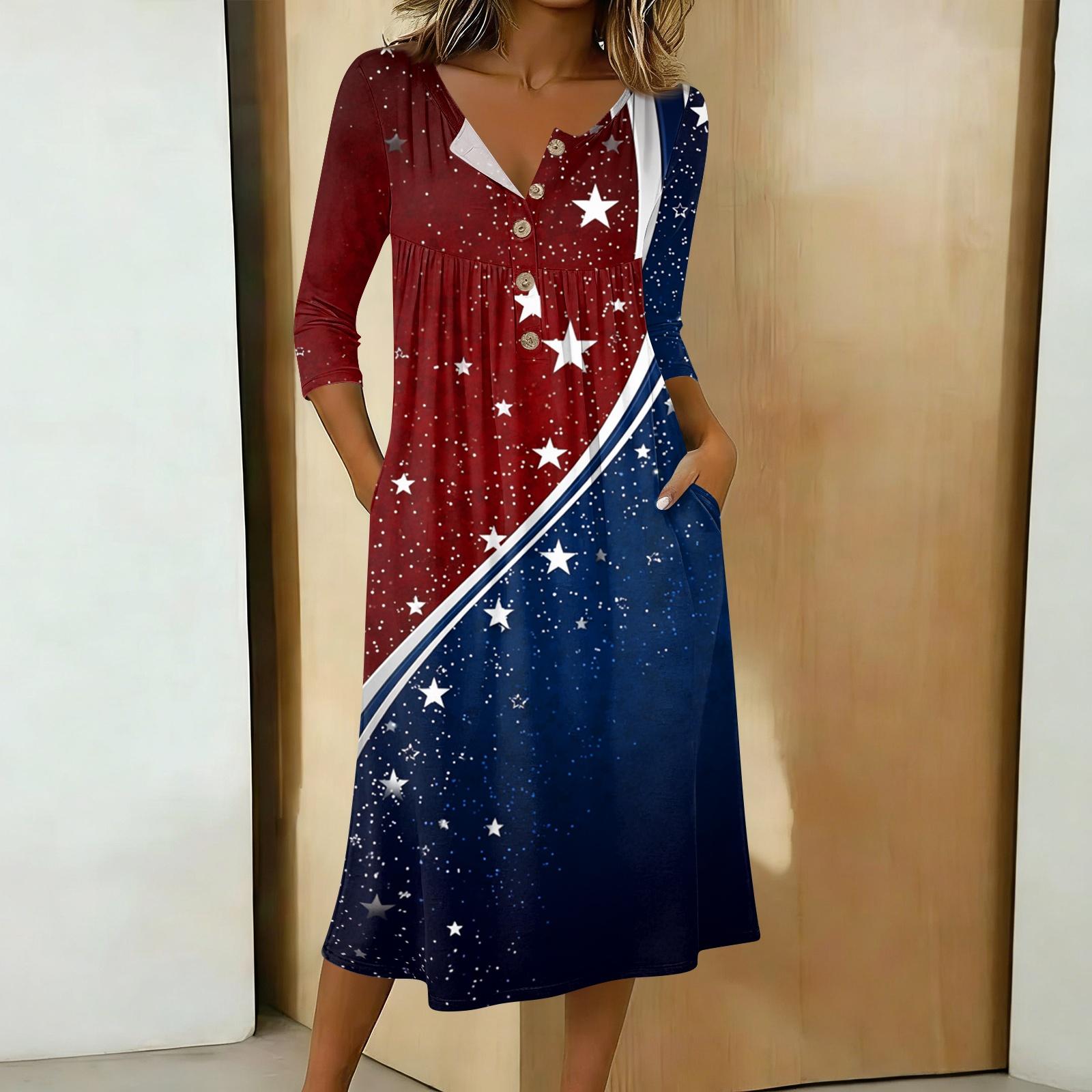 

Women 3/4 Sleeve Button Front Casual Midi Dress Independence Day Printed Loose Fit Long Dress S Темно-синій