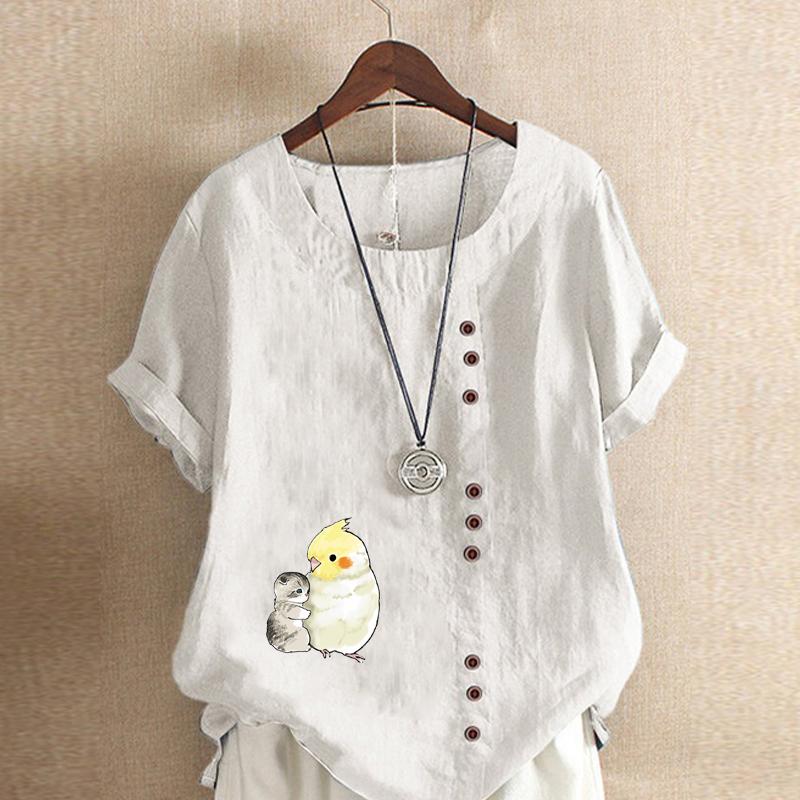 Women's Fashion Cat Parrot Prined Round Neck Short Sleeve T-shirt Casual Cotton Linen Graphic Shirt Leisure Loose Summer Blouse Tops Plus Size