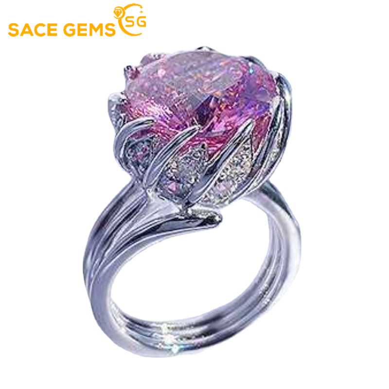SACEGEMS 925 argent Sterling brut Rouge poudre Lotus 12mm Zircon anneaux pour les femmes fiançailles Cocktail fête bijoux fins