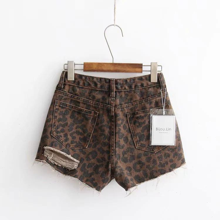 

Европейские и американские модные женские джинсовые шорты с высокой талией и рваными краями, летние сексуальные джинсовые шорты с леопардовым принтом L цветной печати леопарда