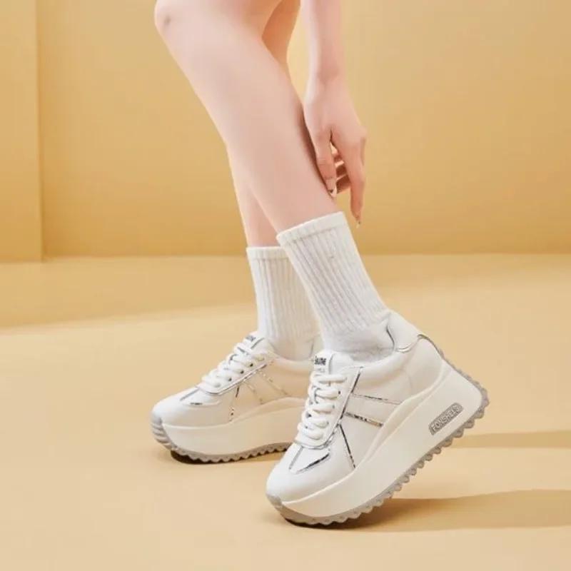 Fashion Top Quality 7CM 8.5CM Genuine Leather Spring Autumn Chunky Sneakers Breathable Casual Platform Wedge Flats Women Vulcanize Shoes