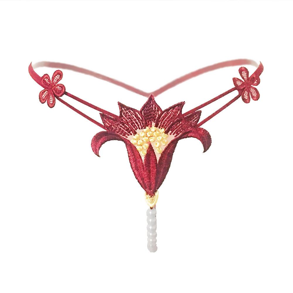 Low Waist Pearl Massage Thong with Quick Release - Sexy Elastic Lingerie, Hot Temptation String with Floral Detail (N05)