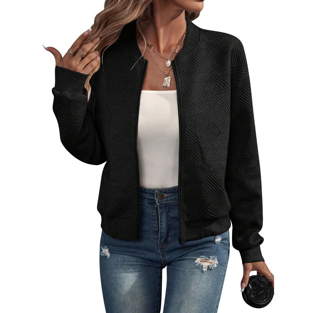Autumn Winter Solid Color Zipper Jacket Baseball Collar Casual Coat for Women Long Sleeve Jackets & Coats