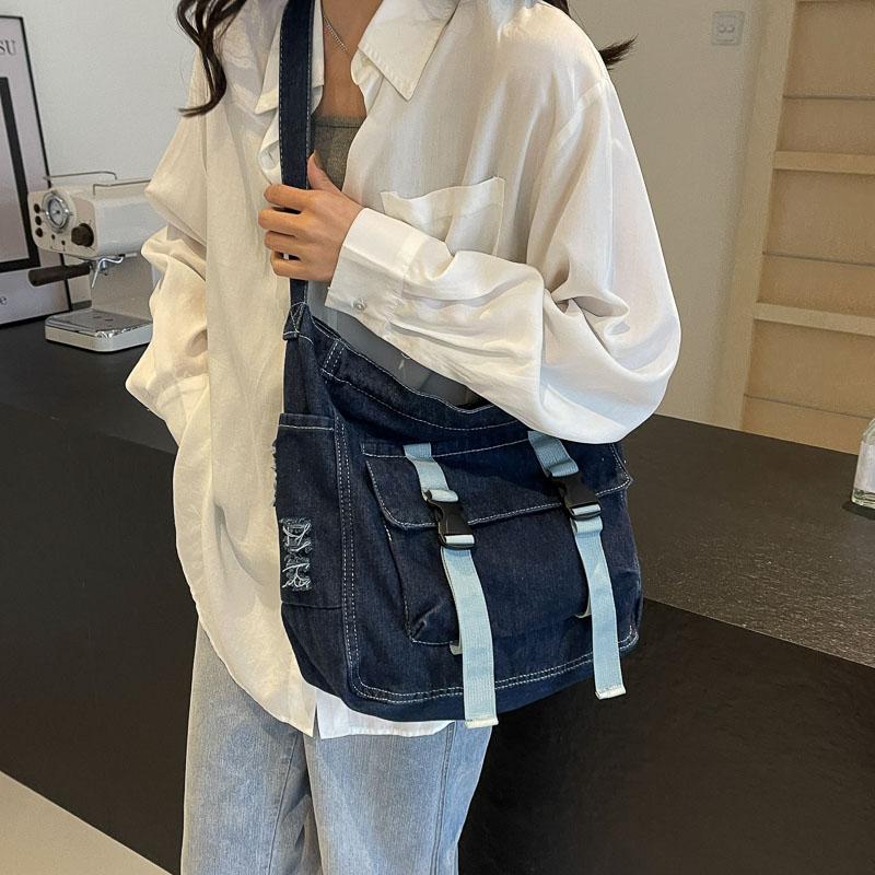 Large Capacity Canvas Bag Crossbody Bag Messenger Bag College Students Denim Shoulder Bag
