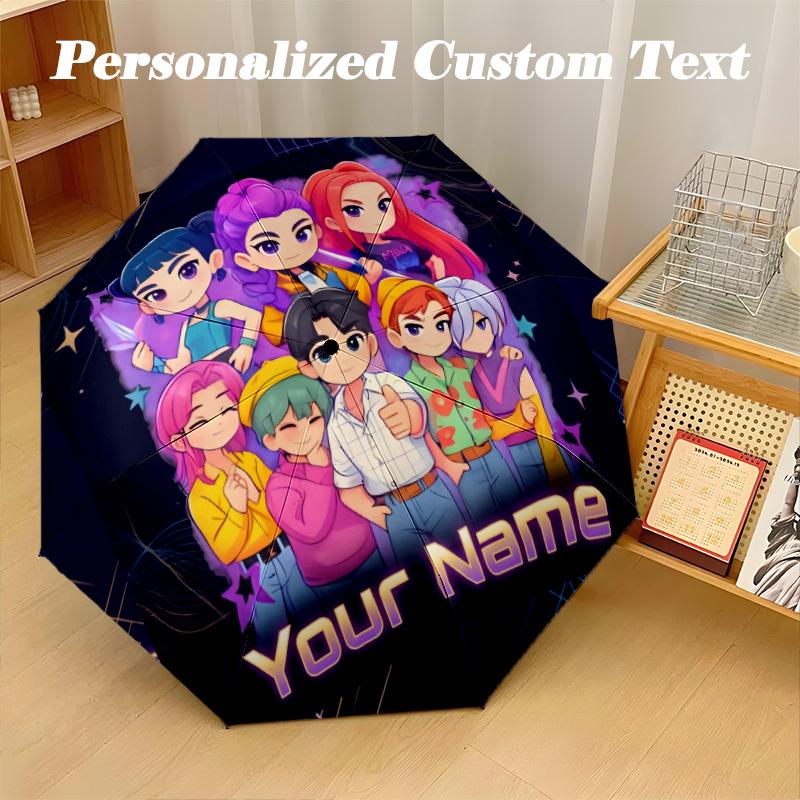 8 Rib Auto Folding Umbrella Kpop Demon Hunters Print Custom Name Text Portable Rain Gear