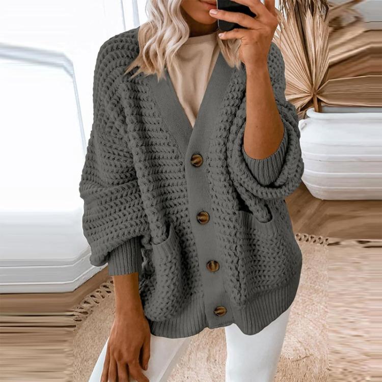 Damski sweter kardigan z grubej dzianiny na co dzień z długim rękawem zapinany z przodu jednolity kolor moda
