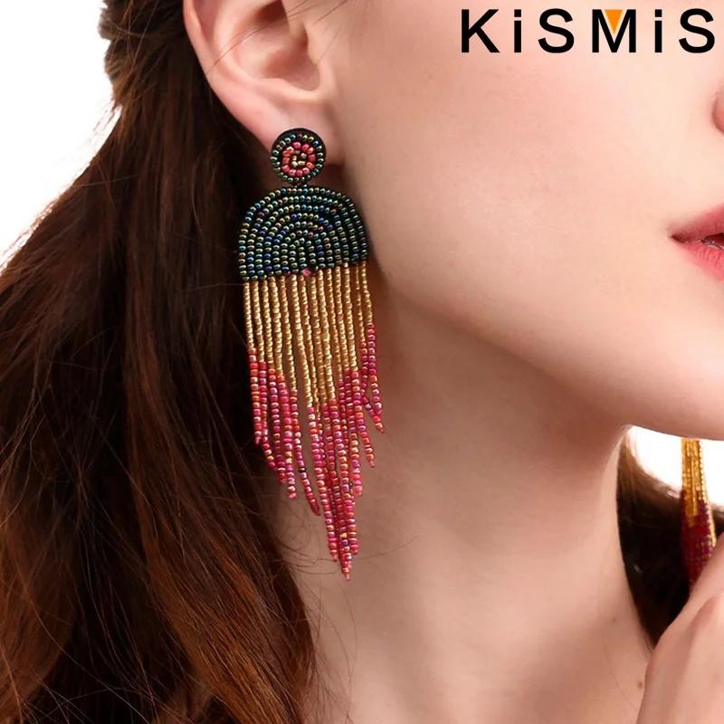 Beaded Tassel Dangle Earrings Long Handmade Bohemian Statement Drop Earrings for Women Fashion Jewelry Gift