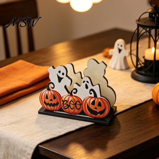 Macaron Color Halloween Decor Wooden Napkin Holder, Cute Pastel Pumpkin Ghost Black Cat Tabletop Tissue Dispenser, Waterproof Party Table Decorative
