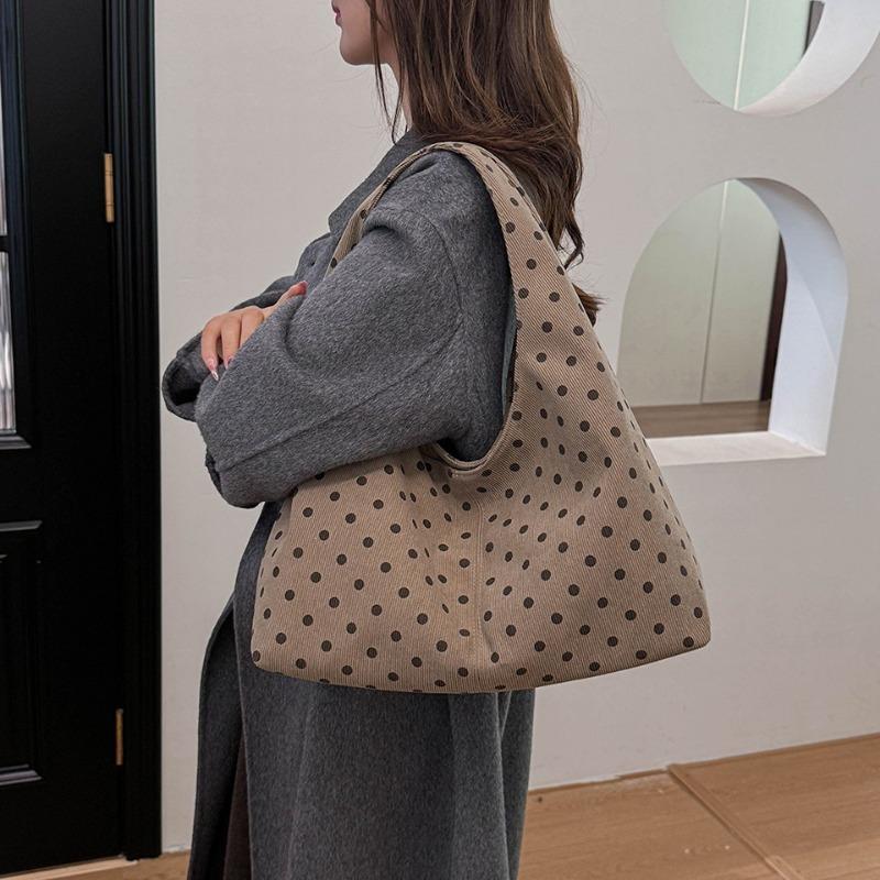 Women Simple Polka Dot Corduroy Underarm Tote Bag Casual Versatile Single Shoulder Handbag