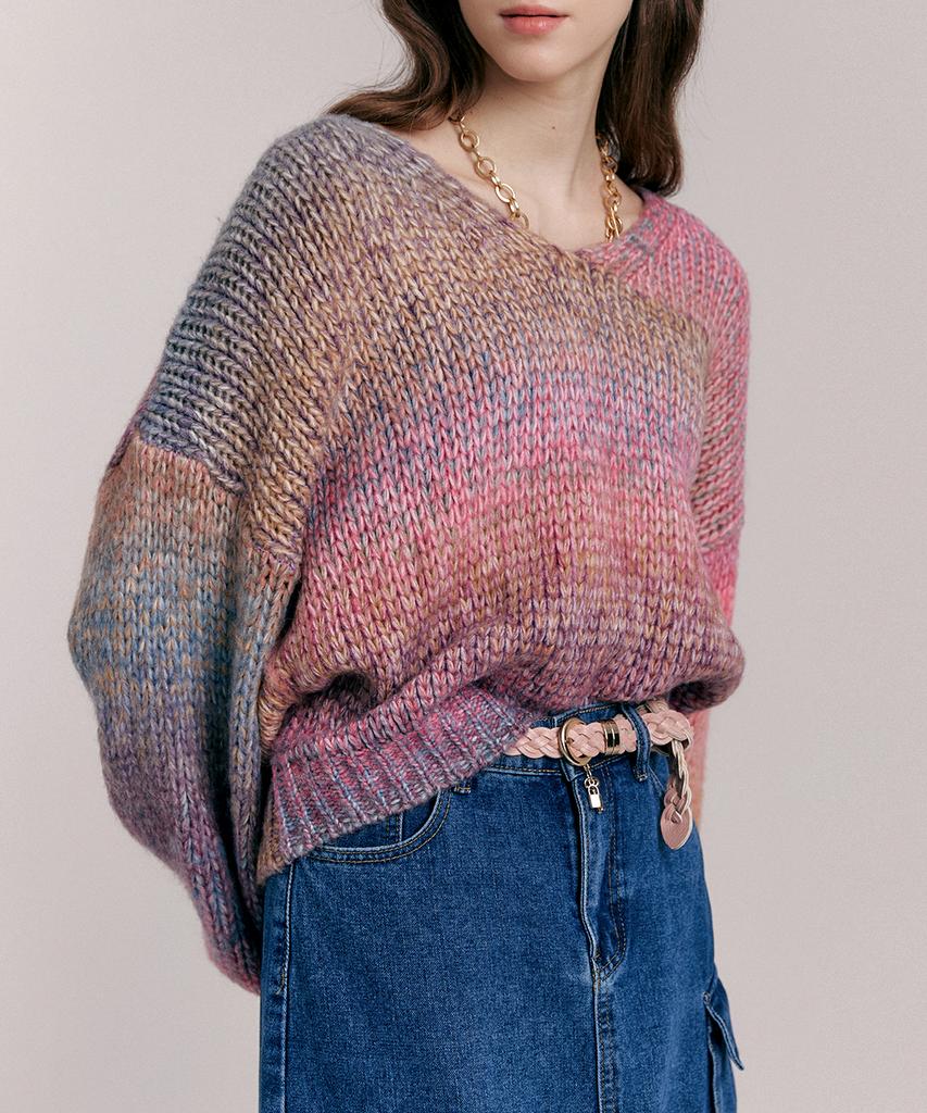 MAXZA Pastel Gradient Voluminous Sleeve V-Neck Knit