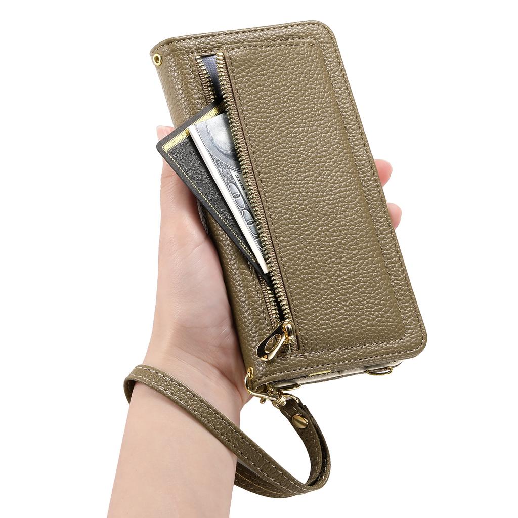 ESEBLE E11 For Samsung Galaxy S23 Ultra Case Zipper Pocket Litchi Texture Leather Phone Cover with Mirror and Wrist Strap