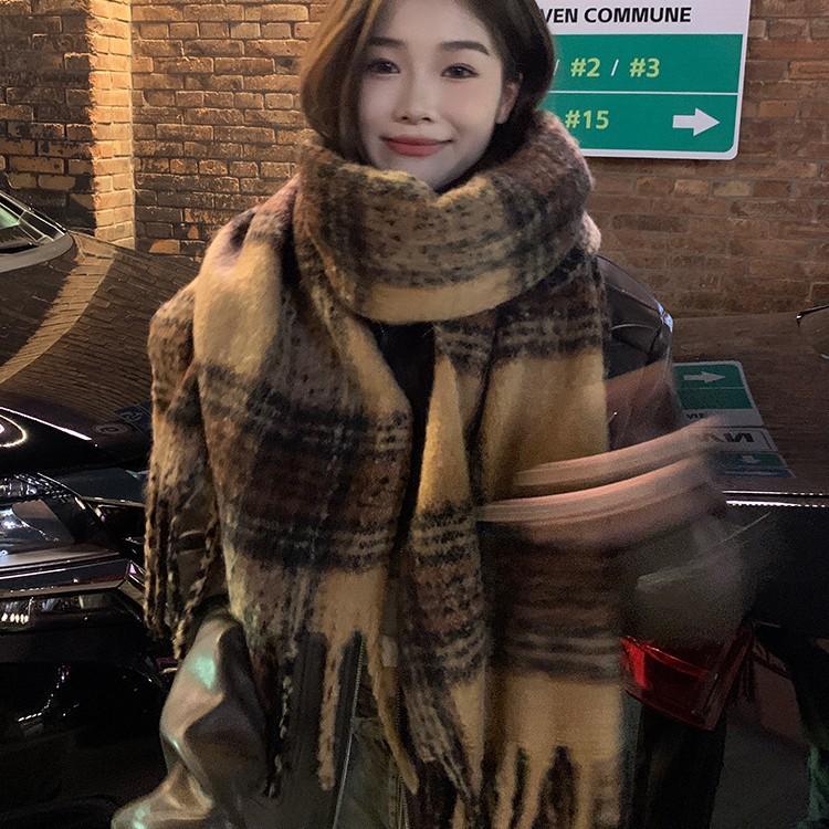 Maillard Style Brown Imitation Cashmere Scarf for Women Winter High End Tassel Mohair Thickened Scarf Student New Style