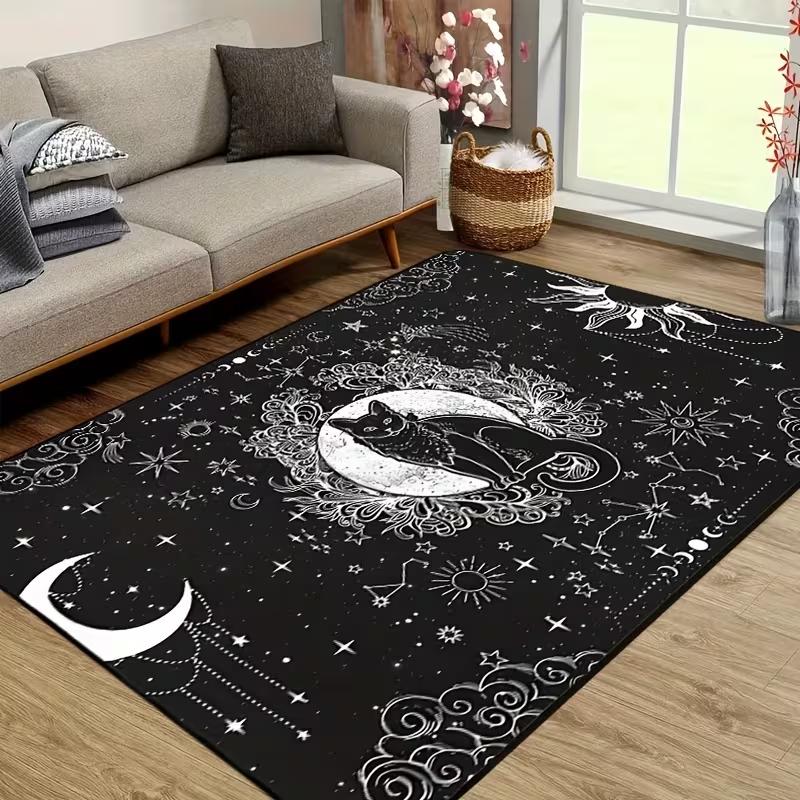 Vintage Zwarte Kat Bloemige Maan Vloerkleed Retro Gotisch Woonkamer Tapijt Antislip Grote Vloermat voor Slaapkamer Entree Huisdecoratie