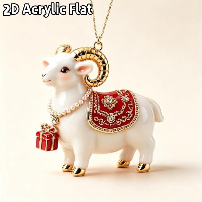 2D Flat Acrylic Christmas Hanging Pendant Red Gold Chinese Zodiac Goat Xmas Tree Ornament New Year Car Pendant