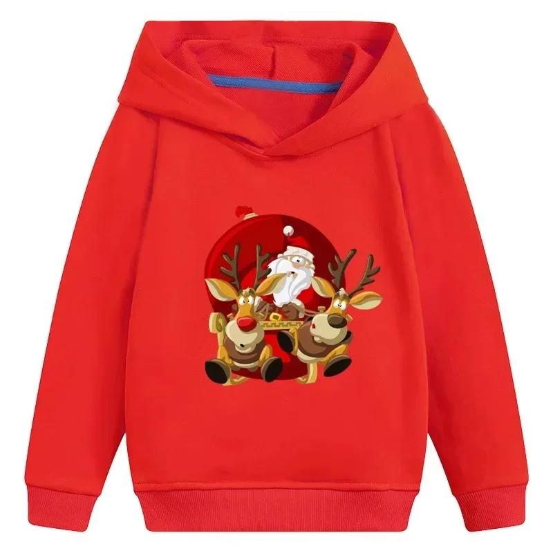 Children's Autumn and Winter Santa Claus Hooded Sweatshirt with Printed Design, Casual and Fashionable Pullover for Young Girls, Christmas Themed Top