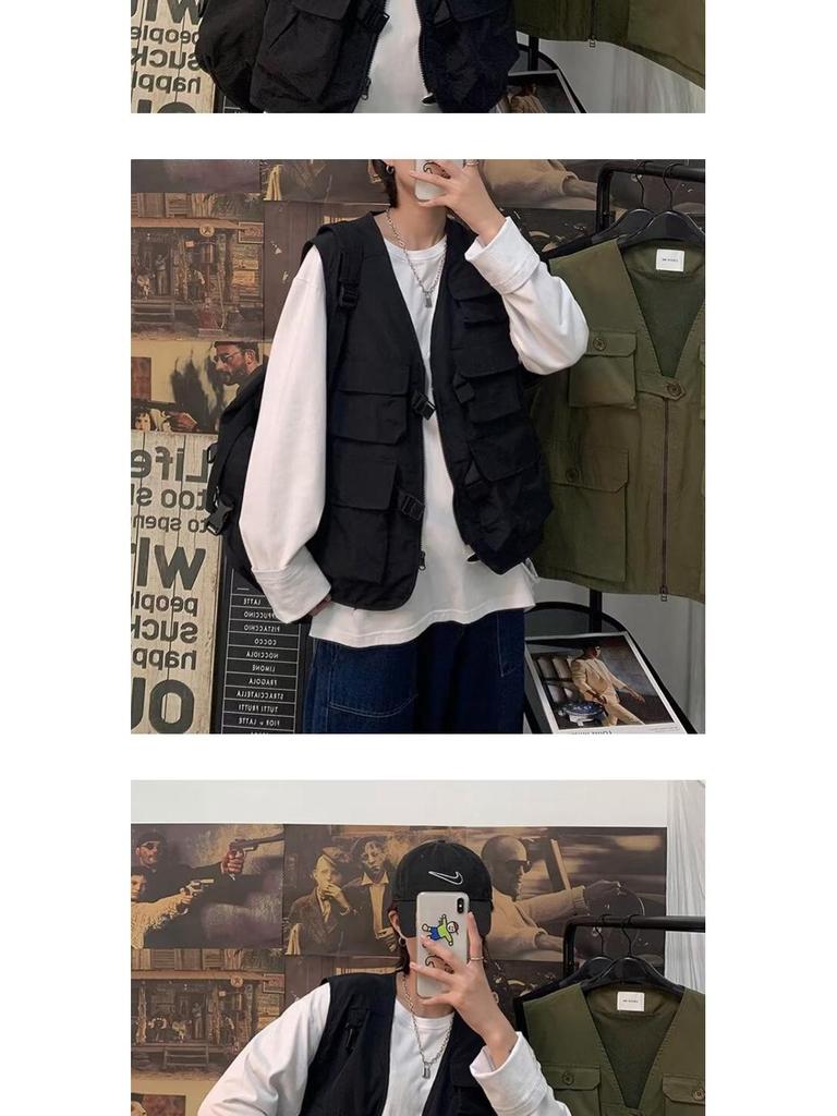 Men's Retro Multi-Pocket Workwear Vest: Spring/Autumn Thin Sleeveless Trendy Gilet