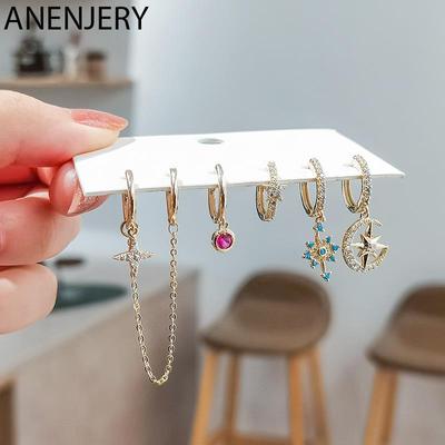 6 Pieces/set Star Hoop Earrings for Women Colored Zircon Double Buckle Chain Earrings